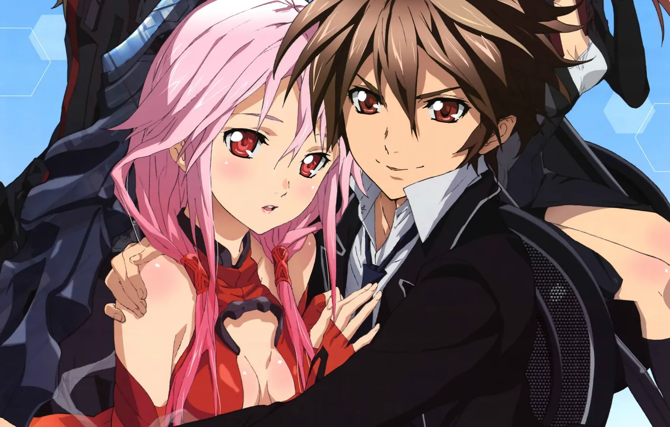 Фото обои форма, двое, красные глаза, guilty crown, розовые волосы, yuzuriha inori, корона грешника, shu ouma