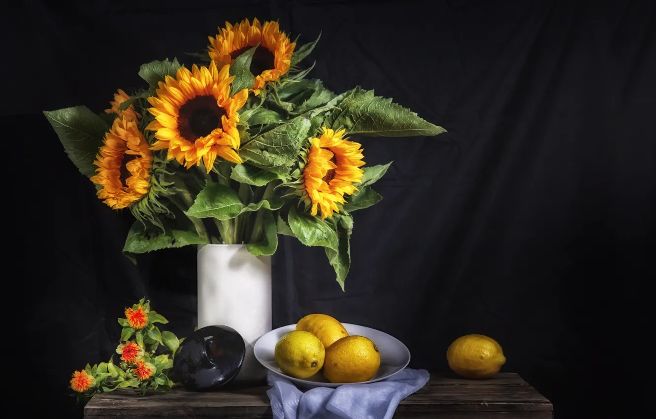 Фото обои цветы, лимон, подсолнух, цитрус, натюрморт
