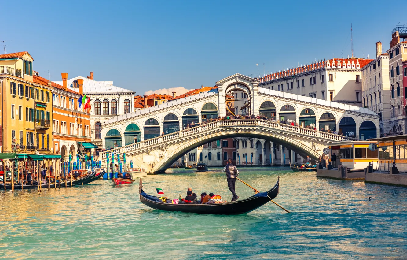 Фото обои мост, здания, Италия, Венеция, канал, Italy, гондола, Venice