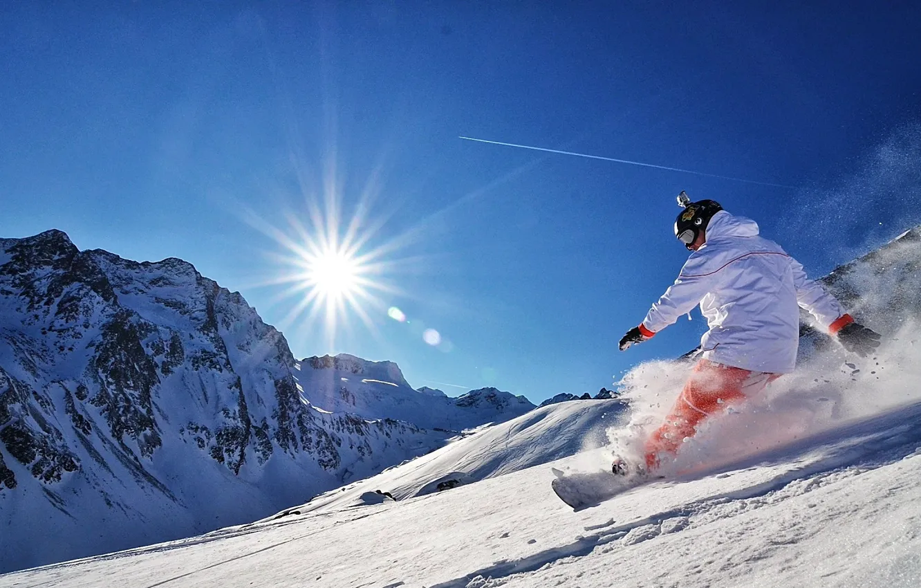 Фото обои солнце, снег, горы, Сноуборд, snowboard, адреналин, кантовка, gopro