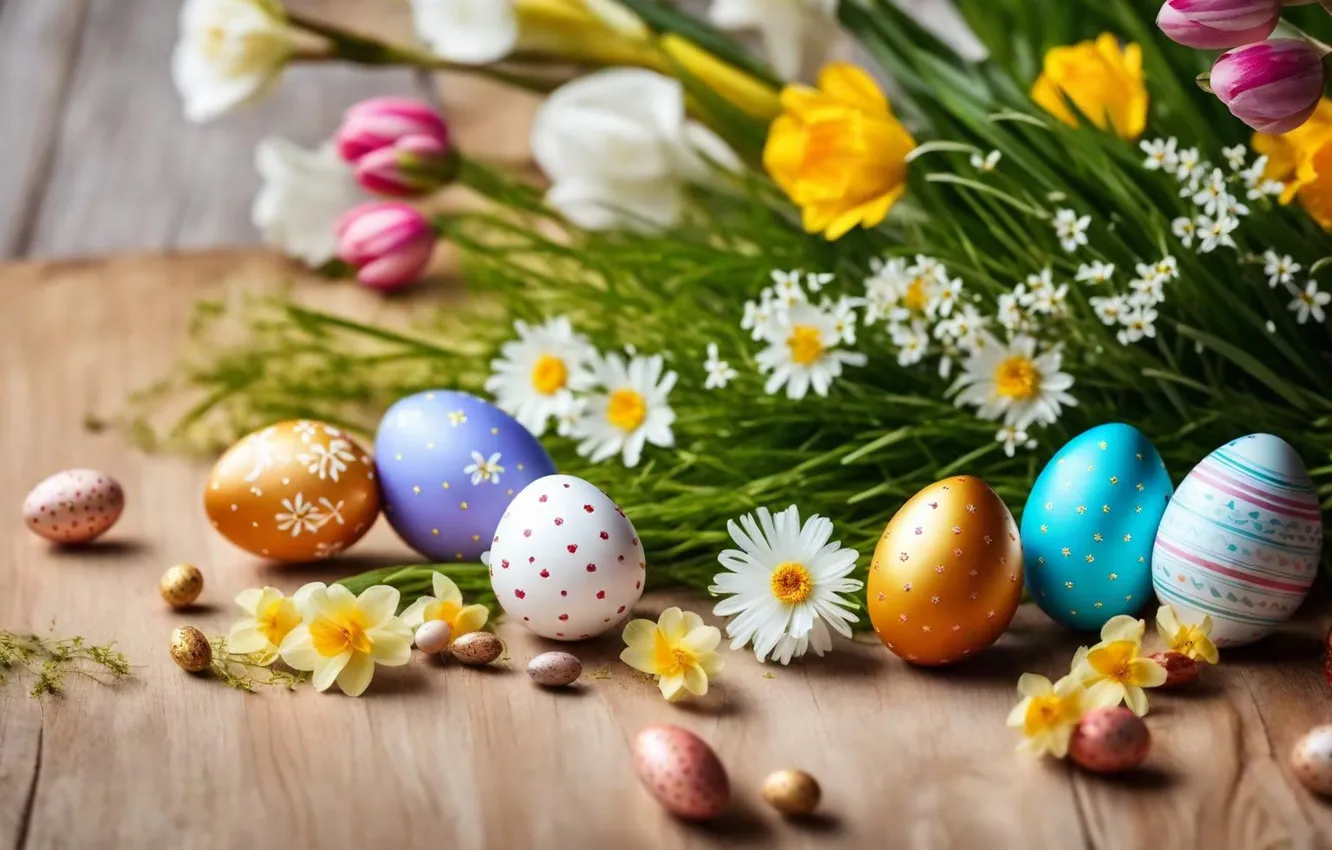 Фото обои цветы, яйца, весна, colorful, Пасха, happy, flowers, spring