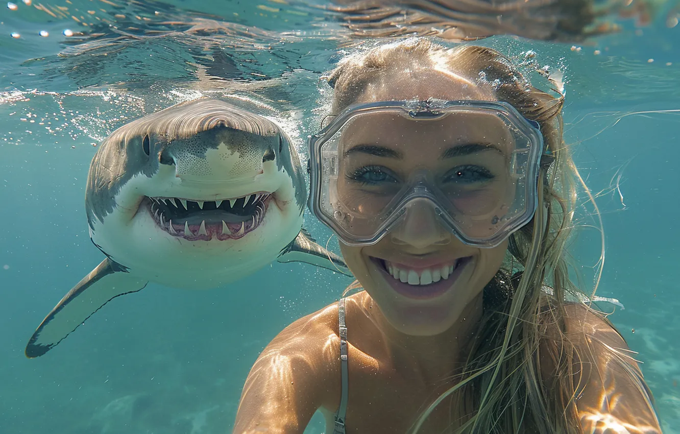 Фото обои Girl, Shark, Cool, Smile, Underwater, Teeth, AI Art