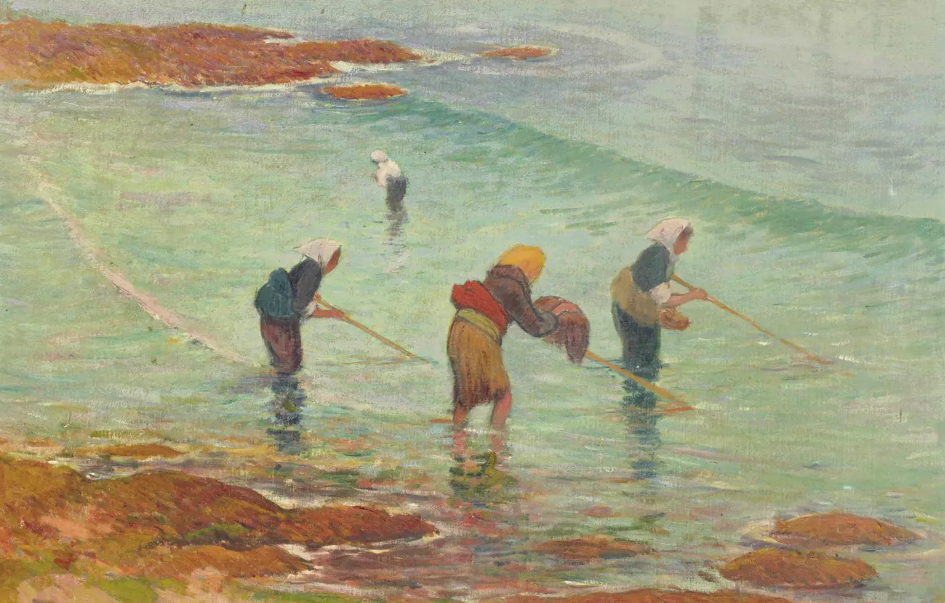 Фото обои море, женщины, рыбалка, картина, жанровая, Henri Moret, Fisherwomen