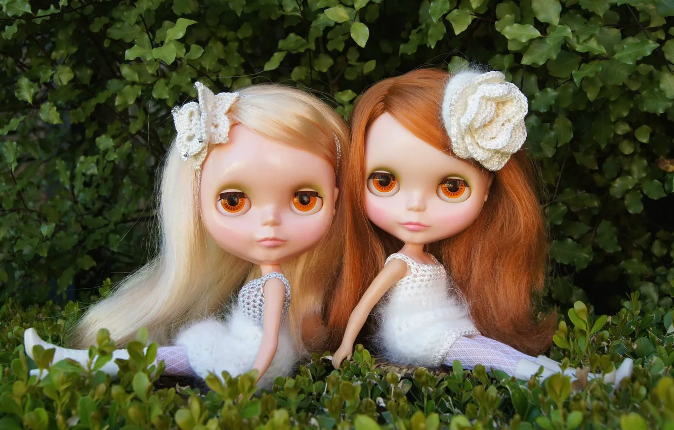 Фото обои природа, девочки, игрушки, куклы, сидят, длинные волосы