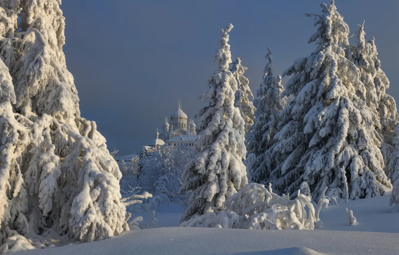 Фото обои зима, снег, деревья, пейзаж, природа, ели, храм, Белогорье