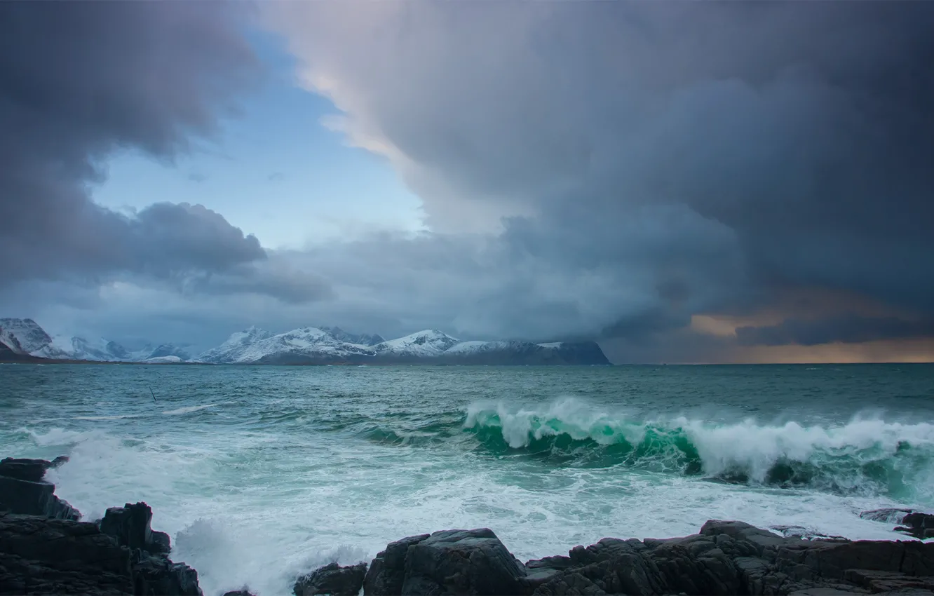 Фото обои море, волны, побережье, Норвегия, Norway, Lofoten, Vareid