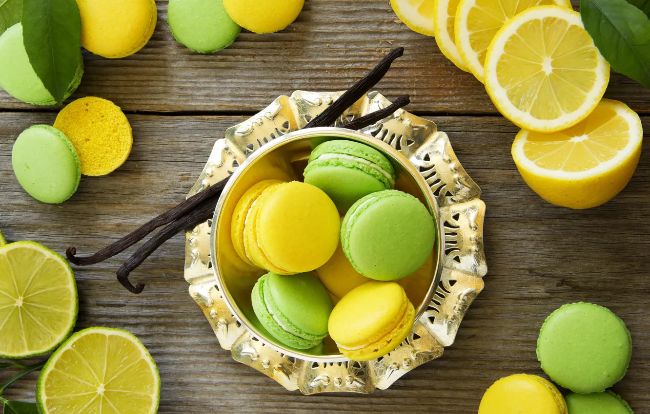 Фото обои листья, лимон, лайм, выпечка, сладкое, макаруны