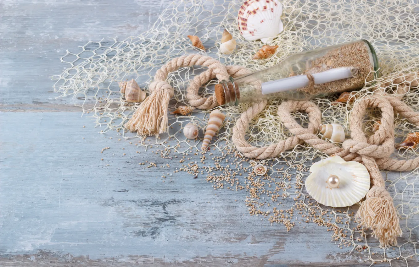 Фото обои песок, бутылка, ракушки, wood, sand, marine, still life, жемчужина