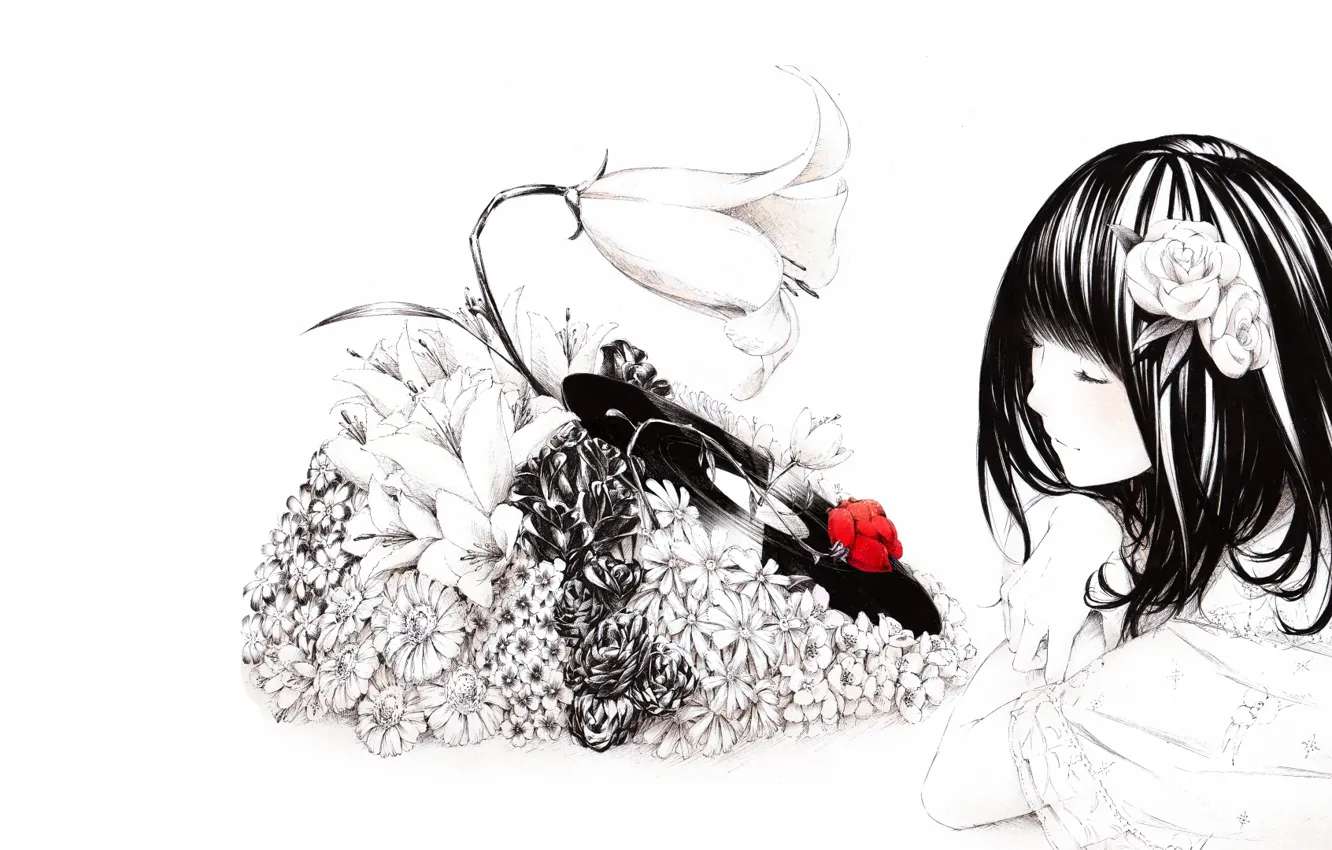 Фото обои девушка, цветы, музыка, настроение, рисунок, аниме