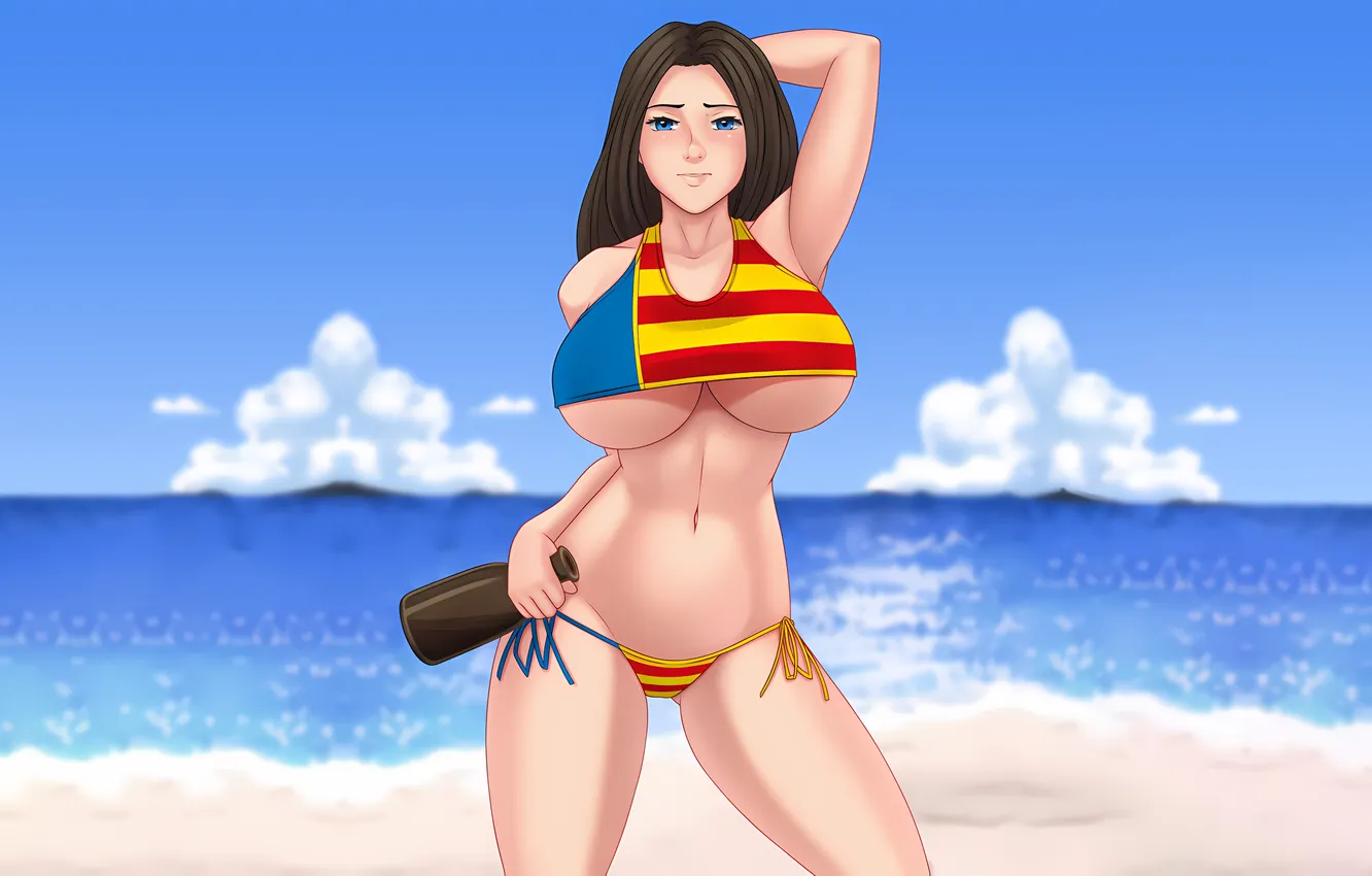 Фото обои girl, sexy, cleavage, beach, sky, long hair, sea, boobs
