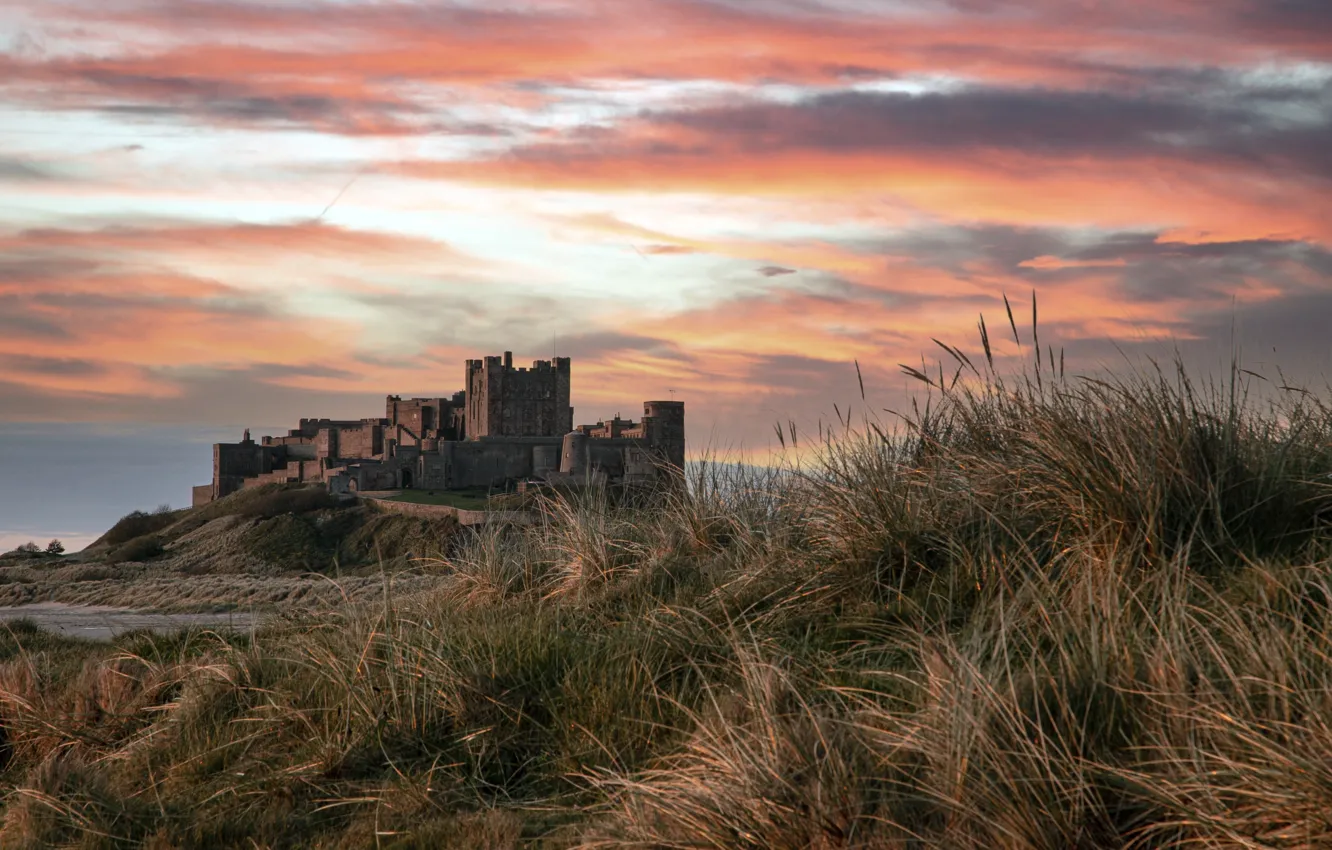 Фото обои закат, природа, Bamburgh castle
