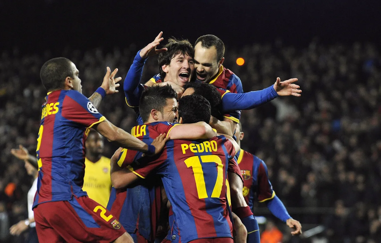 Фото обои Футбол, Lionel Messi, Barcelona, David Villa, Радость, Andres Iniesta, Daniel Alves, Pedro Rodriguez