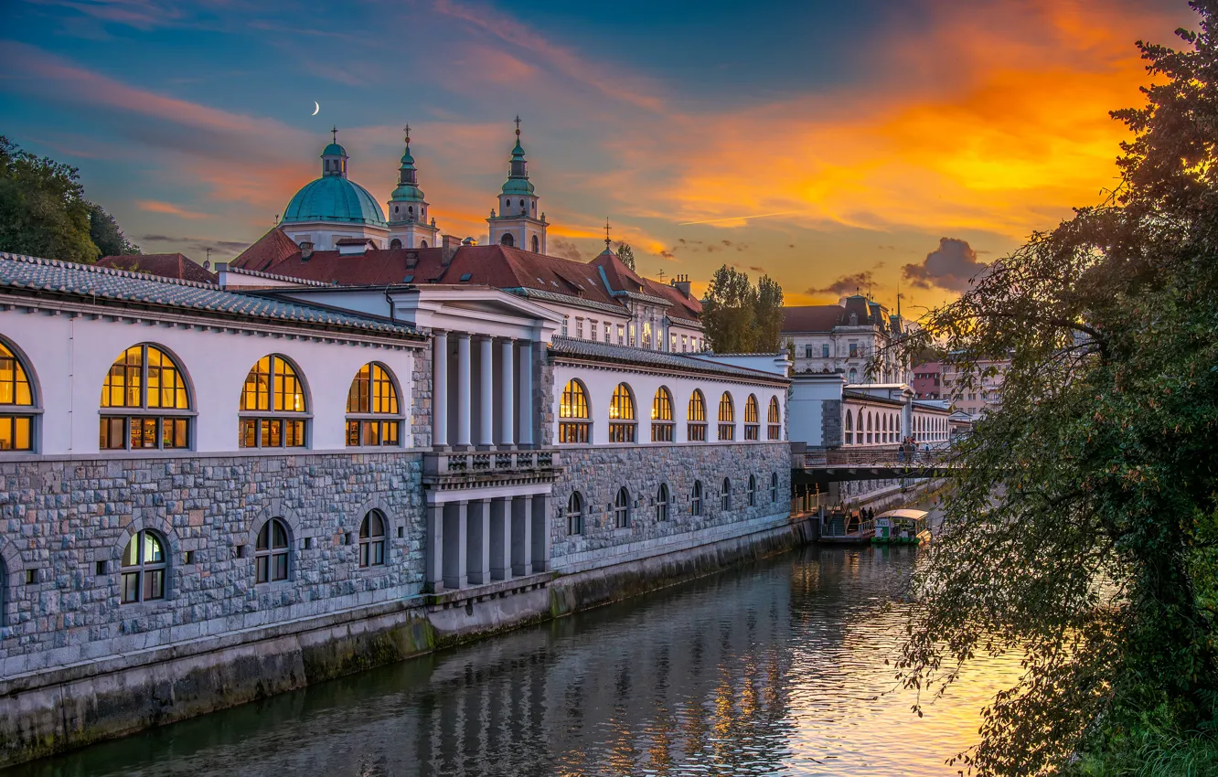 Фото обои закат, река, здания, дома, Словения, Slovenia, Любляна, Ljubljana