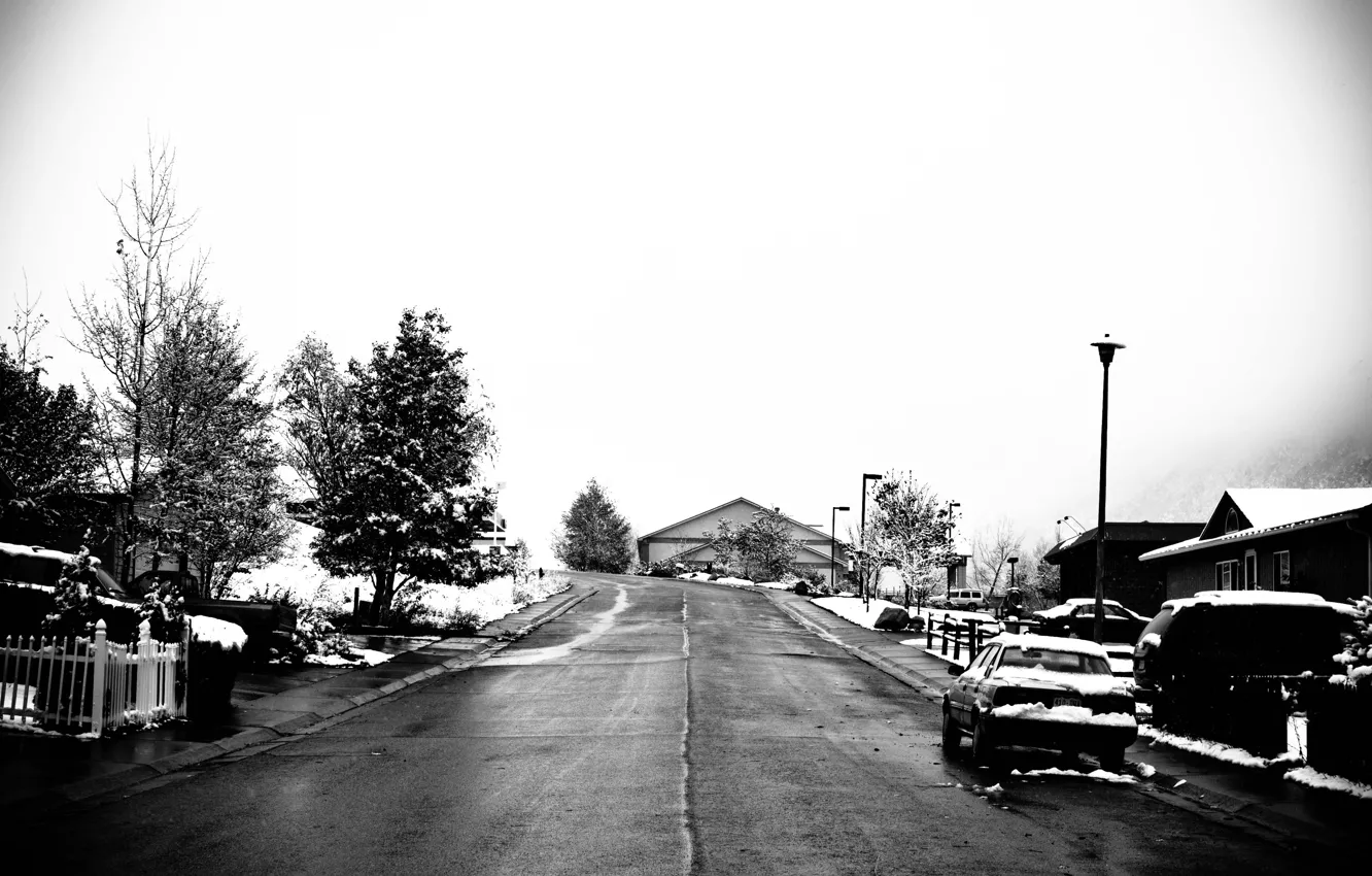 Фото обои United States, cars, winter, mountain, snow, street, fog, houses