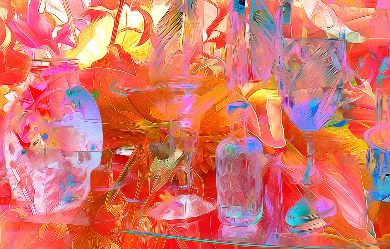 Фото обои линии, бокал, цвет, бутылка, посуда, ваза
