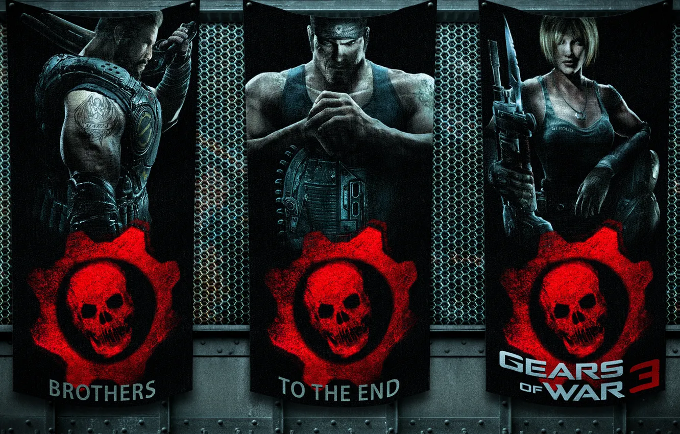 Фото обои metal, wall, logo, fabric, Gears of war 3, game characters