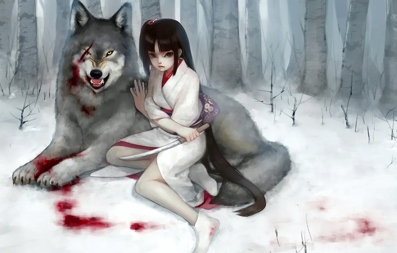 Фото обои лес, девушка, снег, кровь, волк, кинжал, кимоно, шрам
