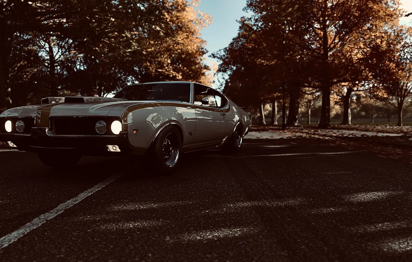 Фото обои HDR, Game, Oldsmobile, Muscle Car, Trees, Leaves, Hurst, Oldsmobile 442