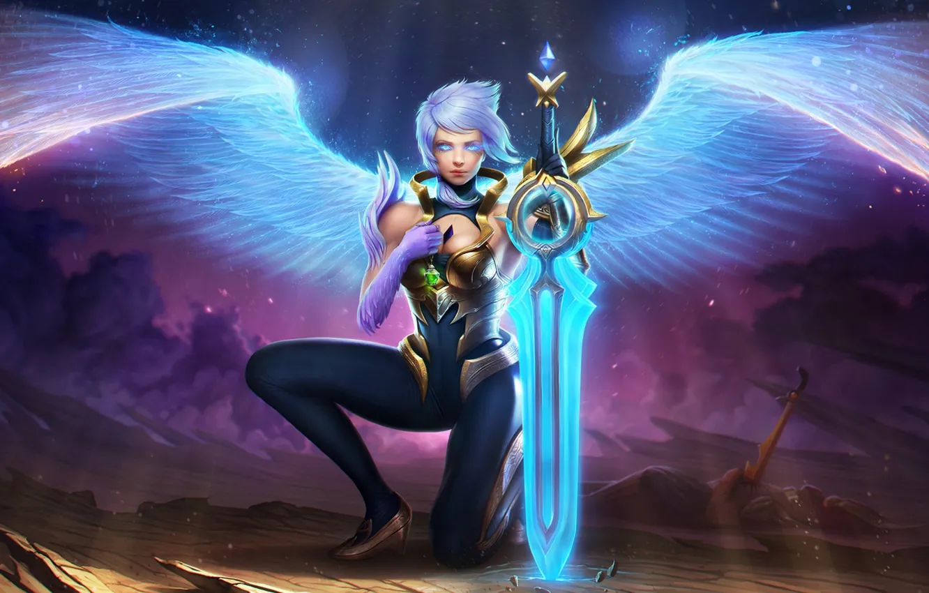 Фото обои девушка, крылья, ангел, меч, League of Legends