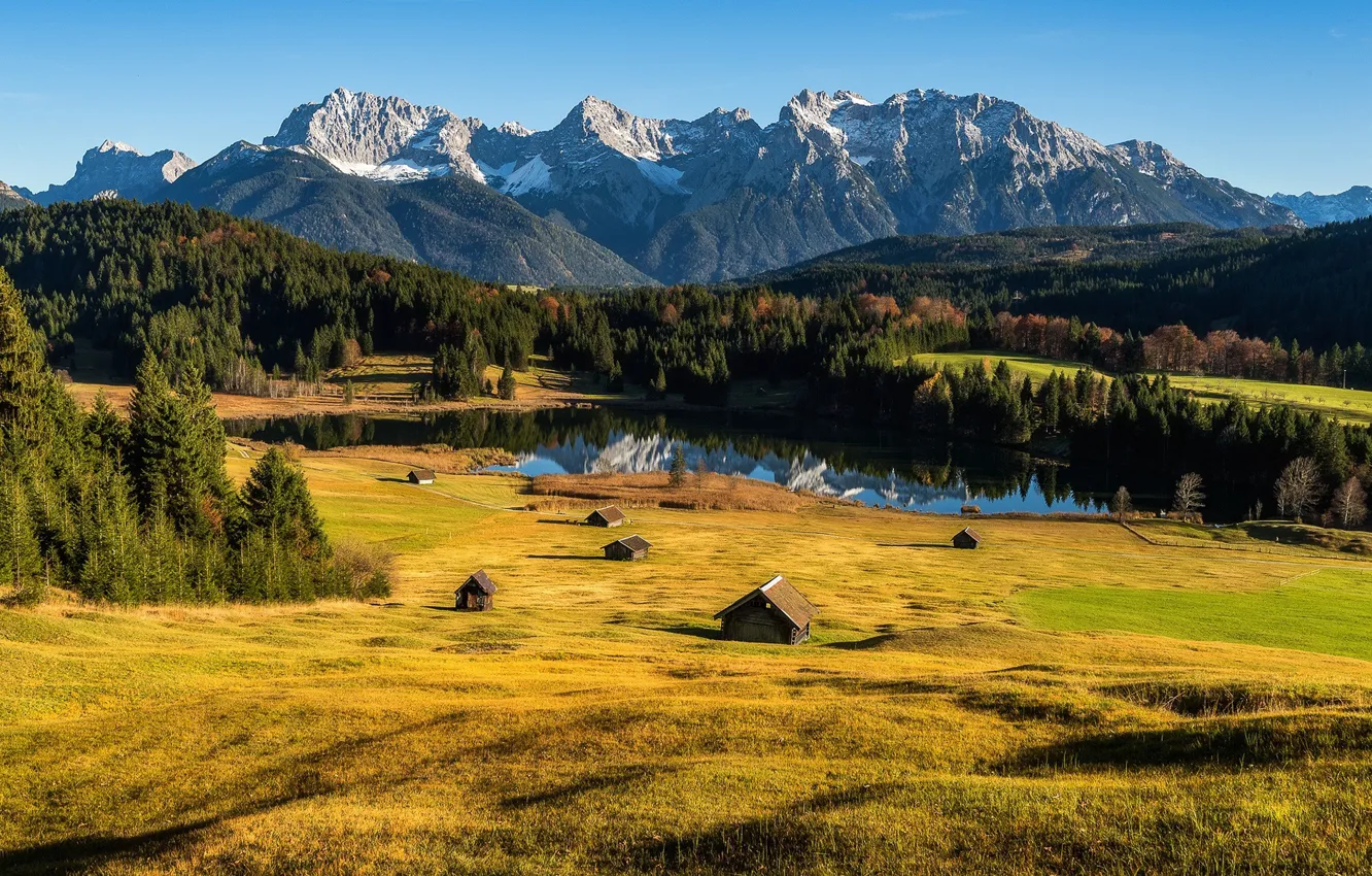 Фото обои лес, солнце, горы, река, Германия, луг, Max Forst