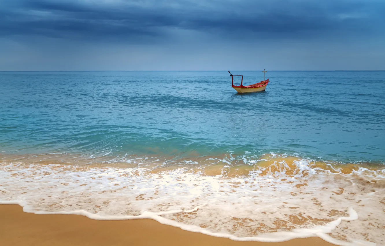 Фото обои море, тропики, берег, лодка