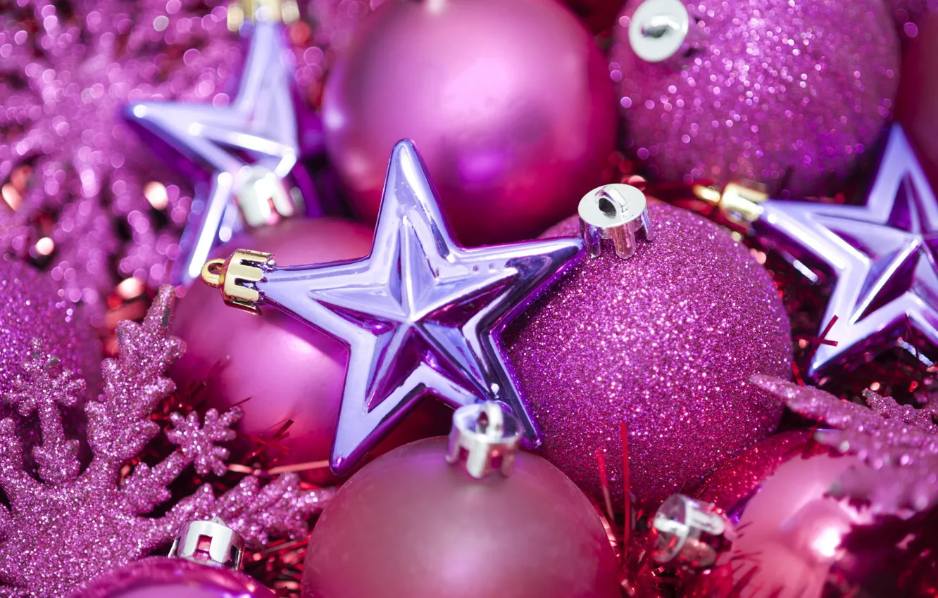 Фото обои фиолетовый, звезды, шарики, снежинки, настроение, розовый, шары, новый год