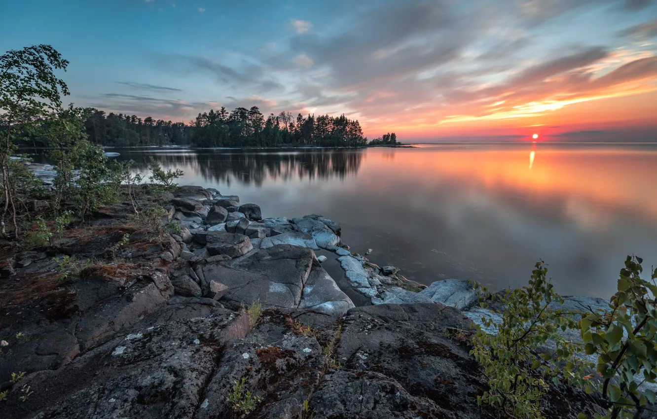 Фото обои пейзаж, природа, камни, рассвет, остров, утро, Ладожское озеро, Ладога