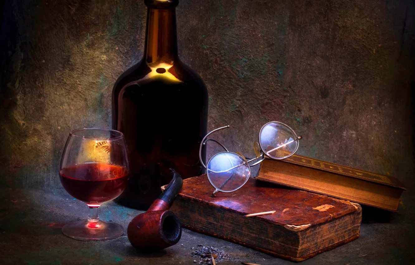 Фото обои вино, бокал, книги, трубка, A time to reflect