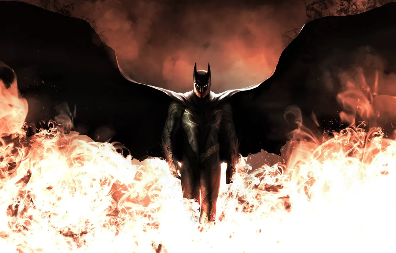 Фото обои огонь, batman, крылья, арт, костюм, dark knight