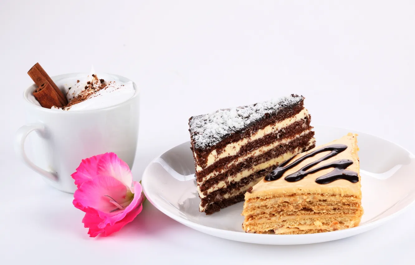 Фото обои цветок, торт, кусочки, пирожное, корица, капучино, крем, десерт