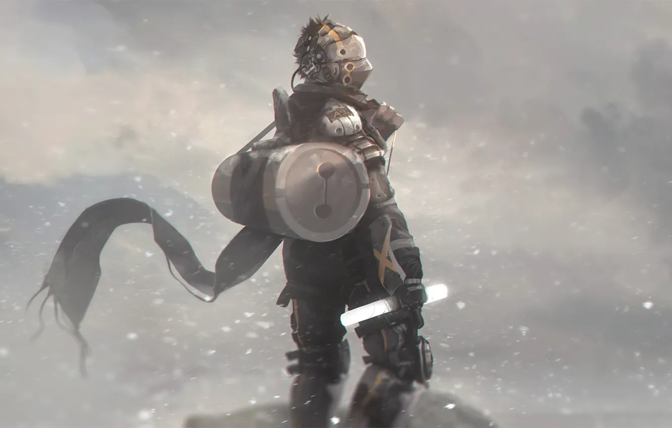 Фото обои зима, снег, фантастика, ветер, человек, арт, костюм, шлем