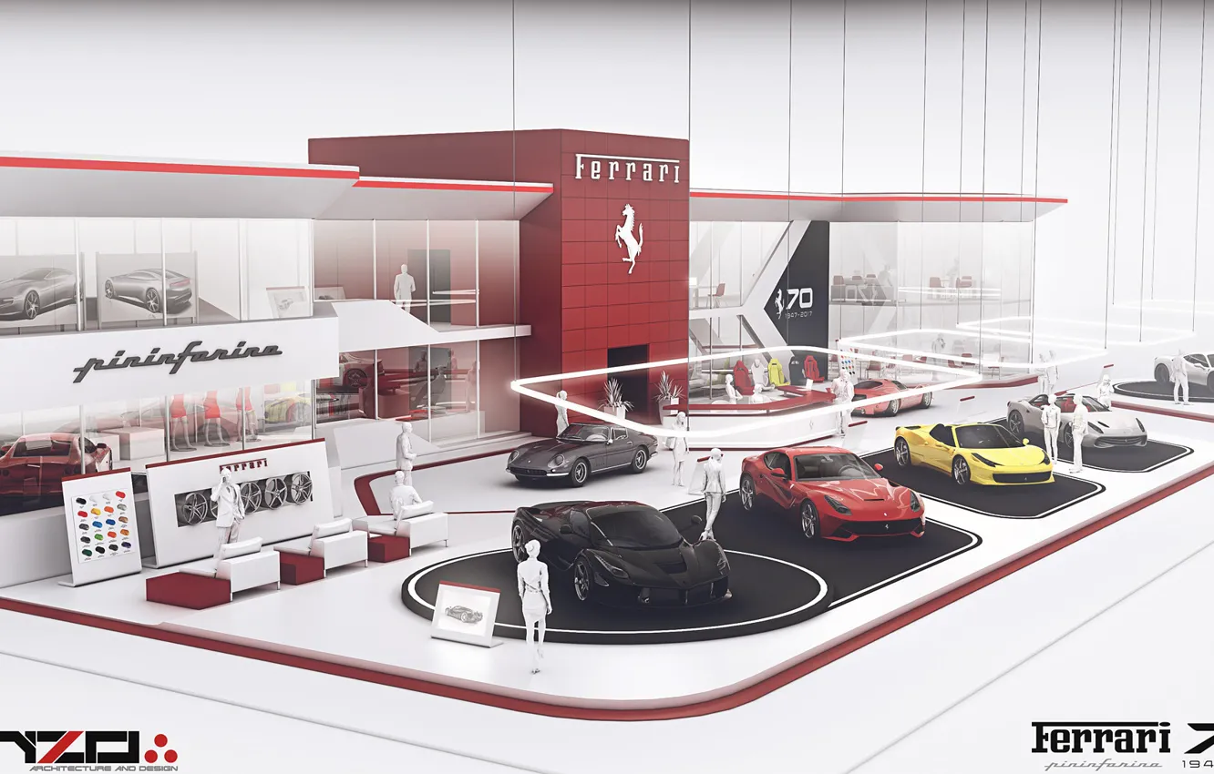 Фото обои выставка, автомобили, Ferrari expo stand concept