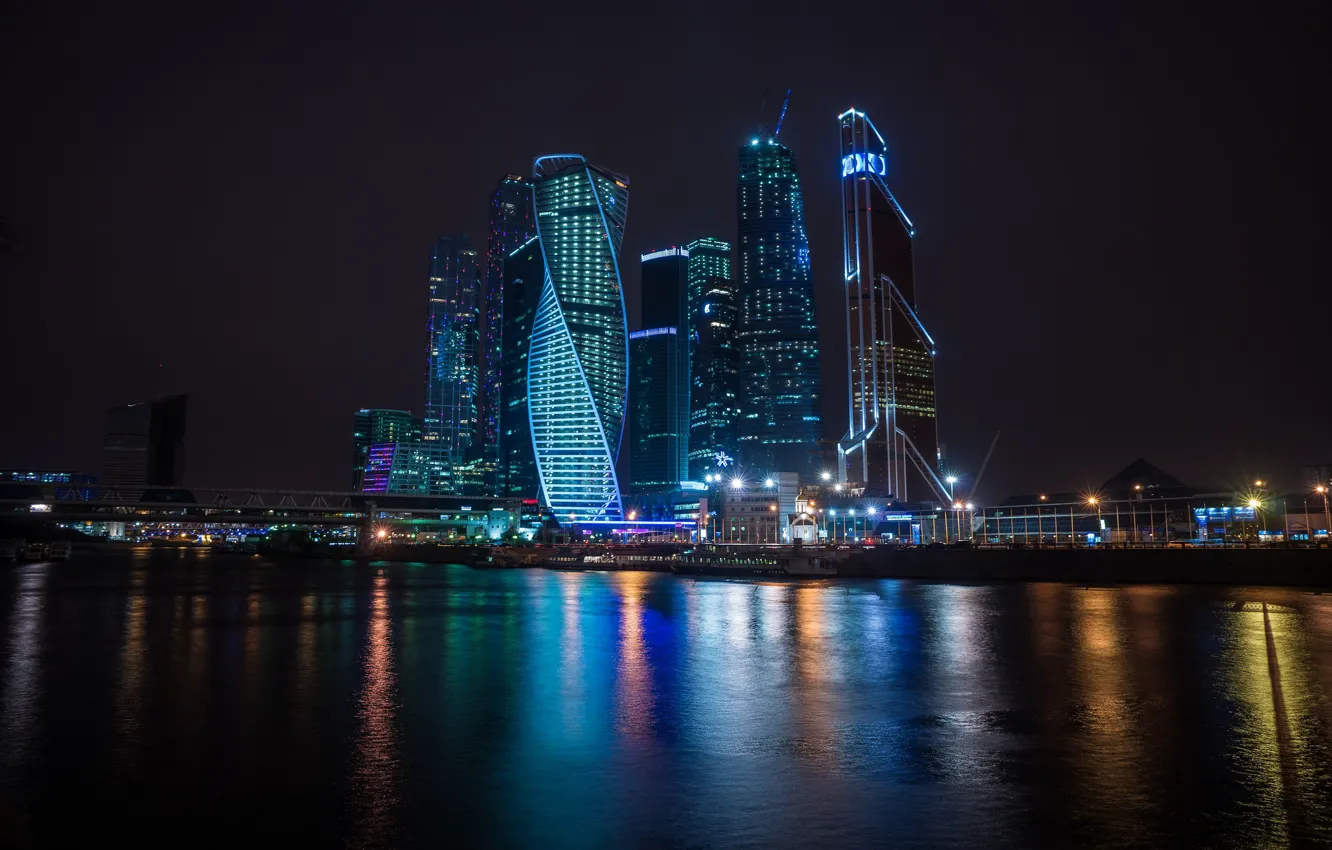 Фото обои ночь, город, небоскребы, подсветка, Москва, Россия, Russia, столица