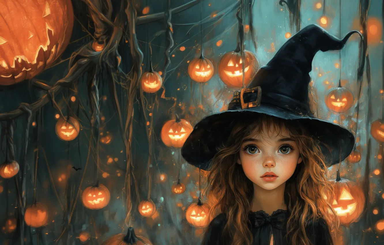 Фото обои осень, взгляд, ночь, ветки, огни, туман, праздник, шляпа