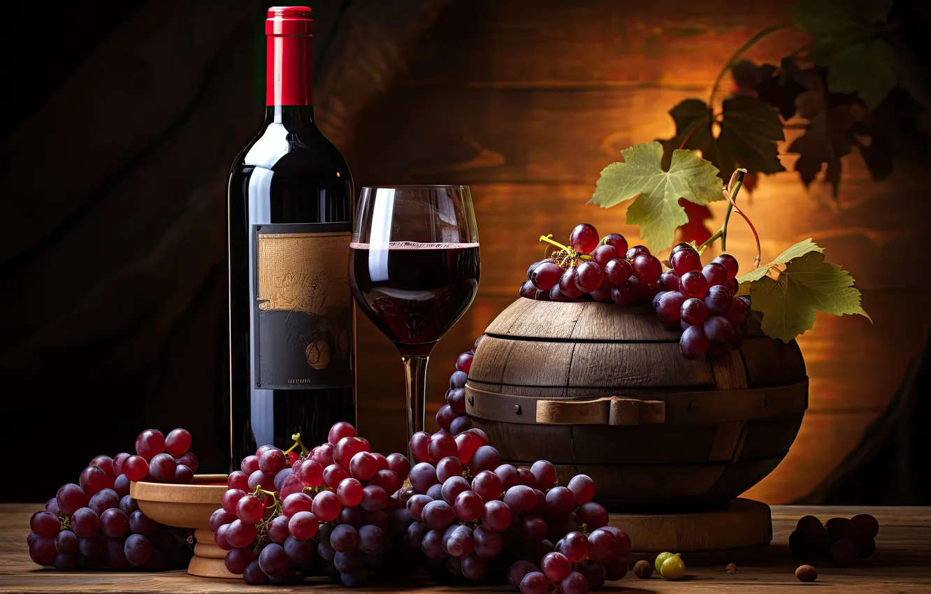 Фото обои стол, вино, бокал, бутылка, виноград, натюрморт, ИИ-арт, нейросеть