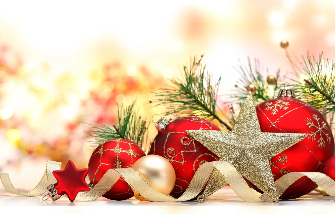 Фото обои украшения, ленты, шары, звезда, Новый Год, Рождество, star, Christmas