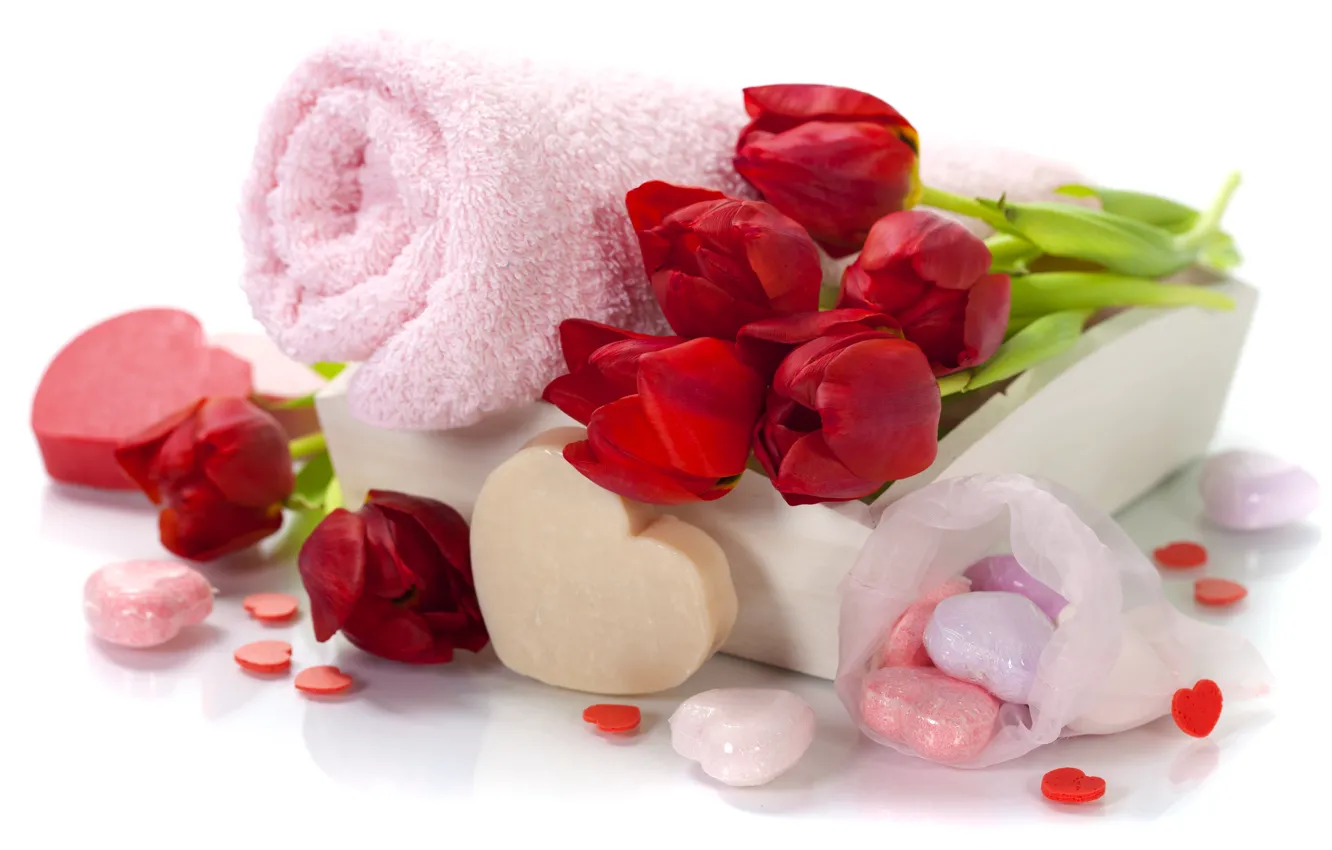 Фото обои розы, полотенце, букет, мыло, красные, спа