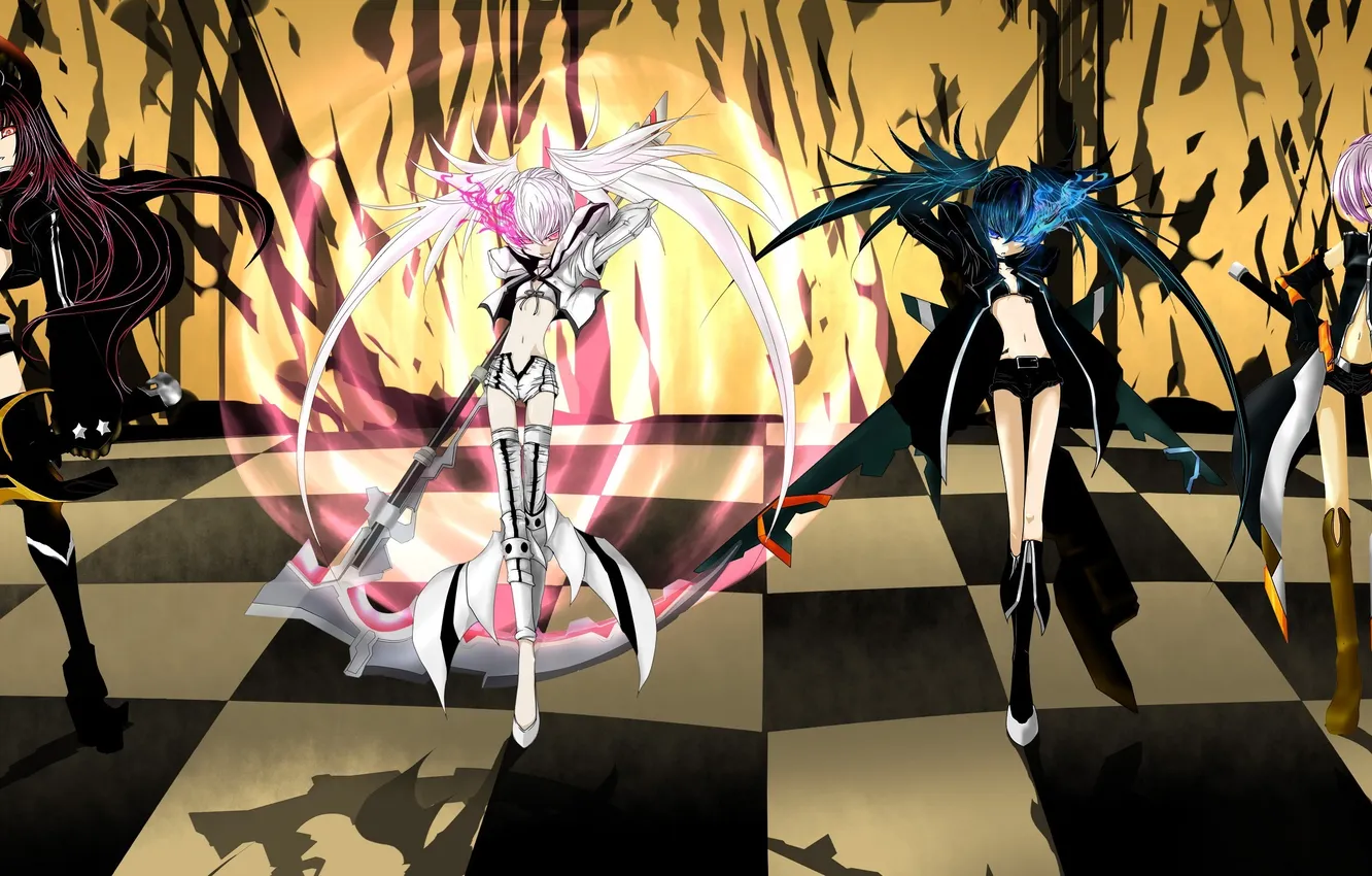 Фото обои оружие, девушки, магия, меч, аниме, арт, рога, коса