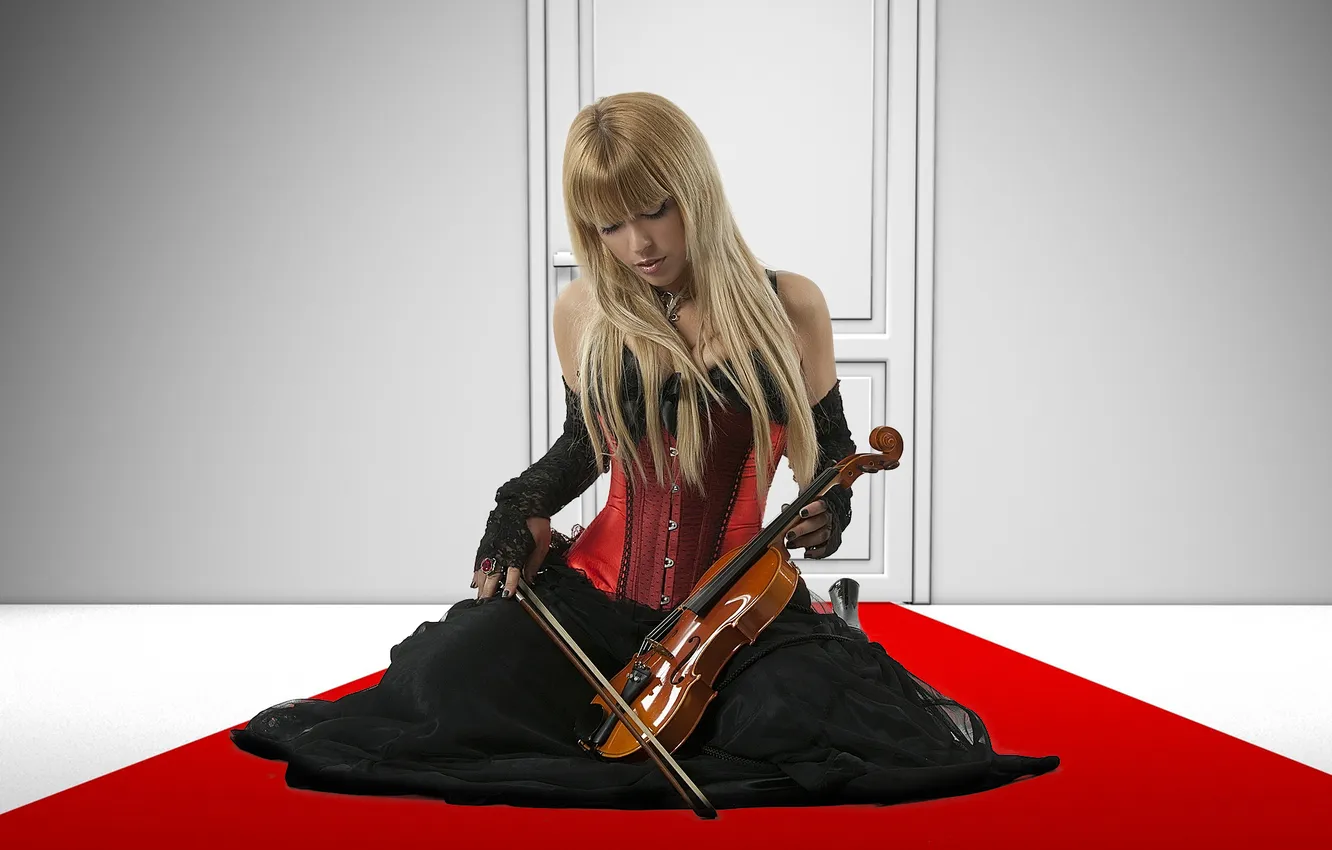 Фото обои девушка, скрипка, блондинка, корсет, girl, violin, blonde, corset