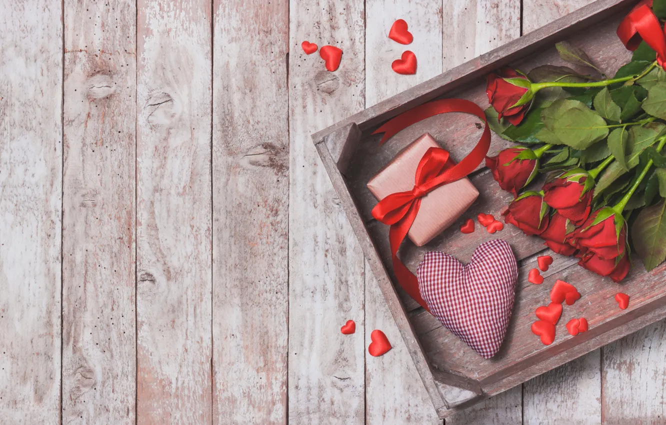 Фото обои подарок, Love, розы, букет, сердечки, красные, heart, wood