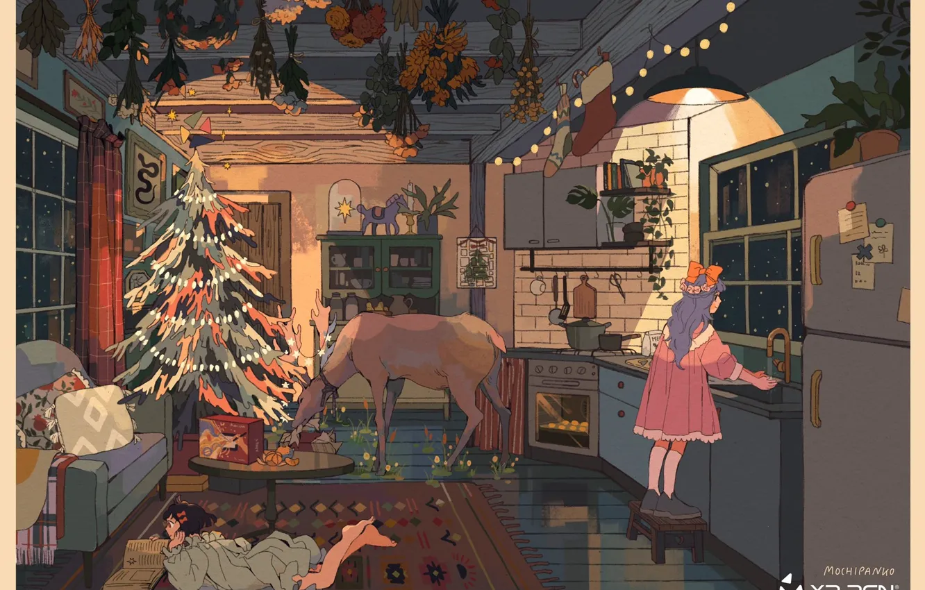 Фото обои растения, олень, холодильник, кухня, лежит на полу, деревянный домик, две девочки, нарядная ёлка