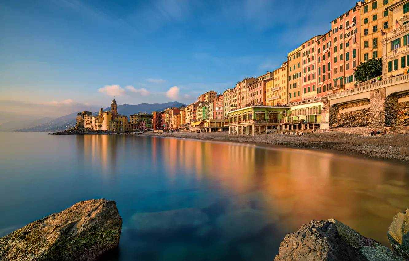 Фото обои море, пейзаж, побережье, здания, Италия, Italy, Лигурийское море, Camogli