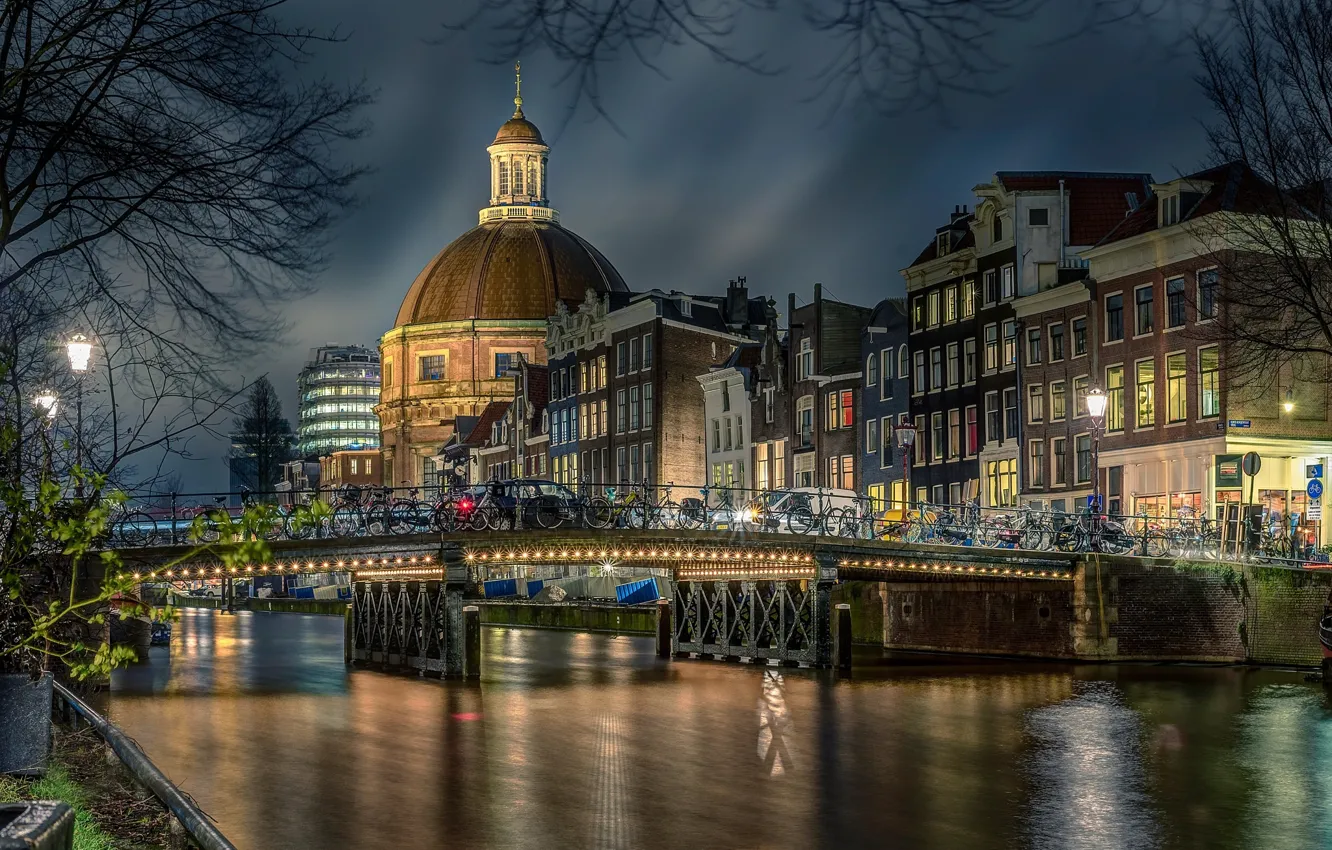 Фото обои мост, город, река, здания, дома, вечер, освещение, Амстердам