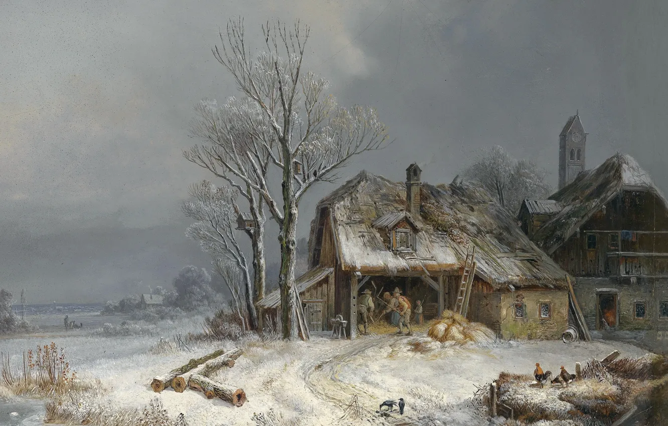 Фото обои 1865, oil on canvas, Генрих Бюркель, Winterliches Dorf, Зимняя деревня, Wintry village, Heinrich Bürkel, In …