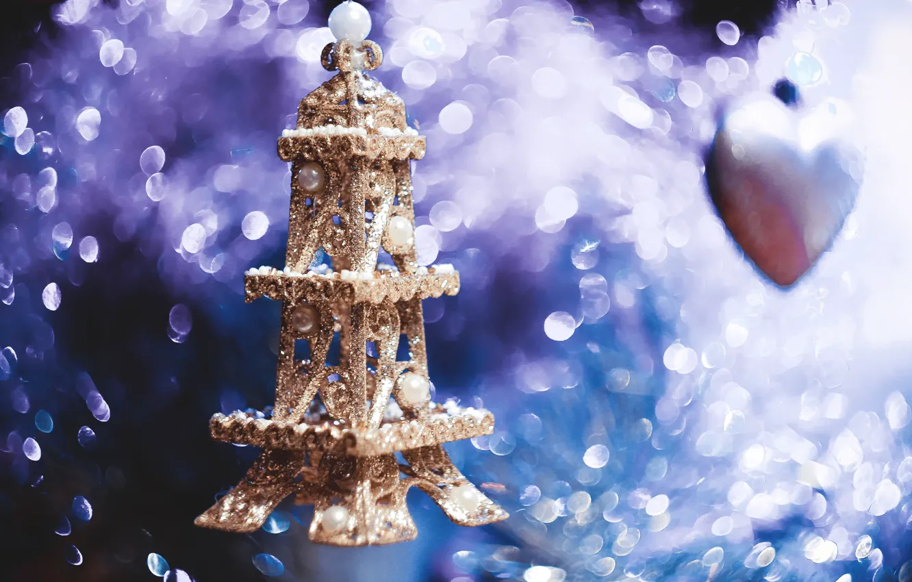 Фото обои украшения, игрушка, сердце, Париж, елка, новый год, башня, светло