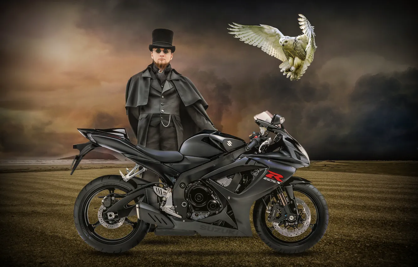 Фото обои сова, птица, мотоцикл, мужчина, Suzuki