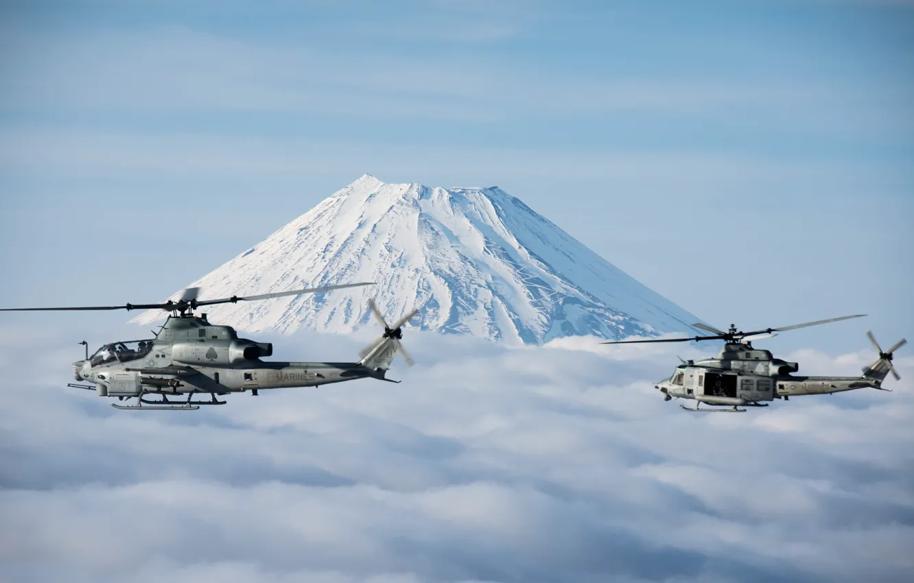 Фото обои Вертолет, Фудзияма, UH-1Y Venom, US Marine Corps, AH-1Z Viper