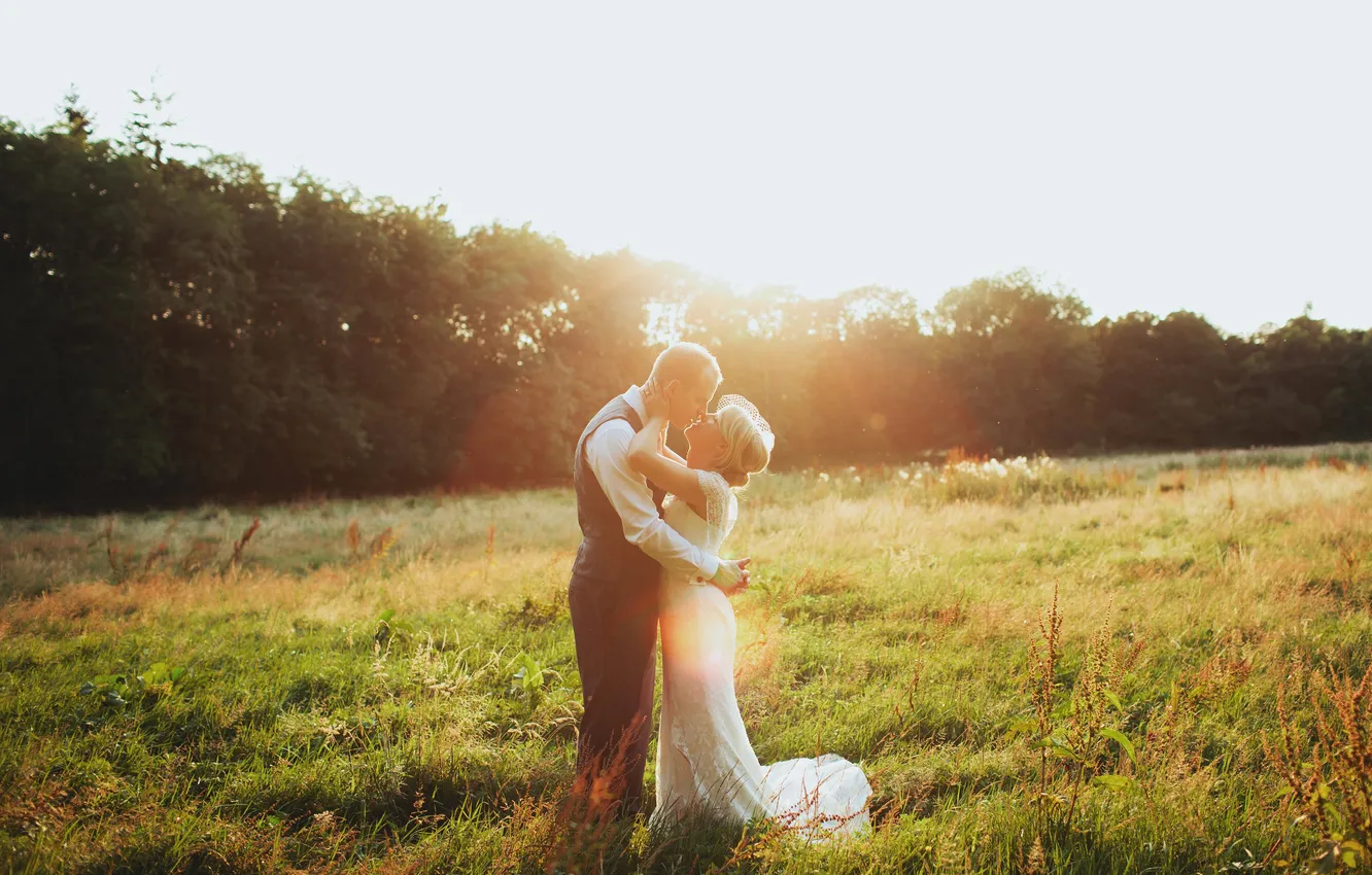 Фото обои поле, трава, девушка, солнце, свет, блондинка, парень, невеста
