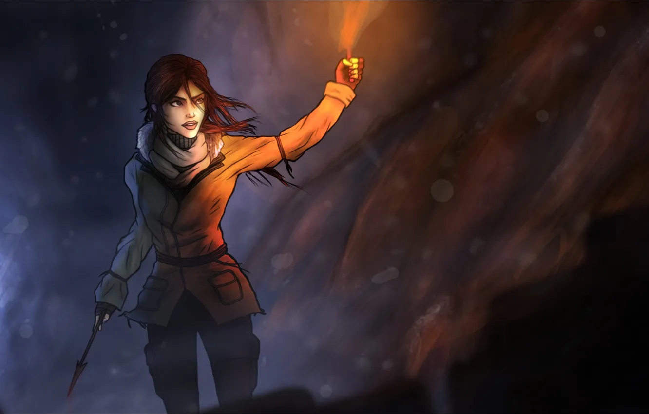 Фото обои факел, стрела, Tomb Raider, art, Lara Croft