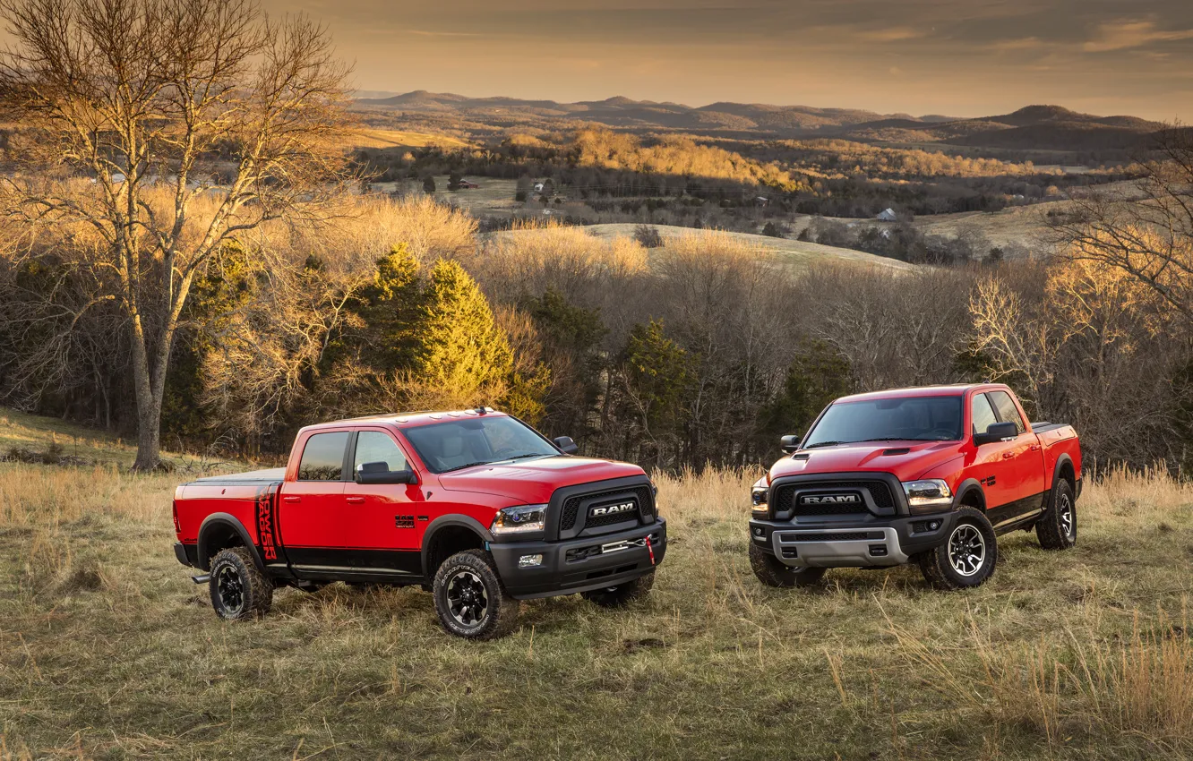 Фото обои лес, внедорожник, Dodge, два, пикап, Ram, 2500